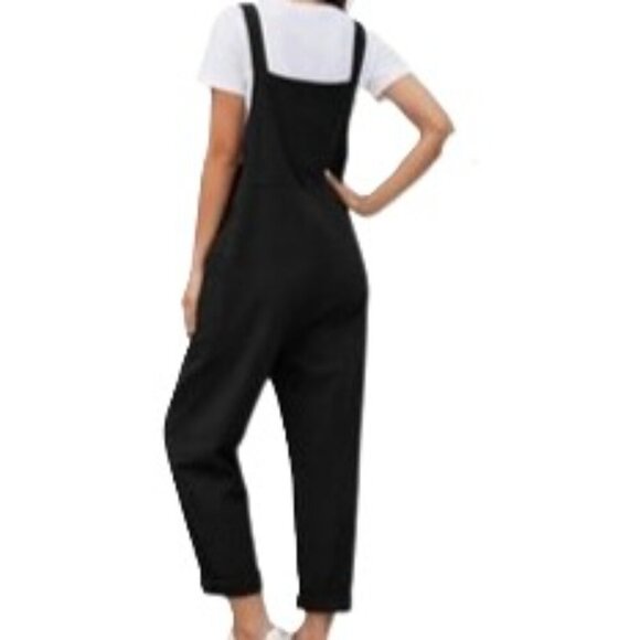 Women's Size Small Black Baggy Linen Blend Loose Fit Wide Leg Pockets Jumpsuit - Picture 14 of 14